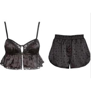 For Love & Lemons Black Fleur Jacquard Shorts Top Pijama Set Bundle XS